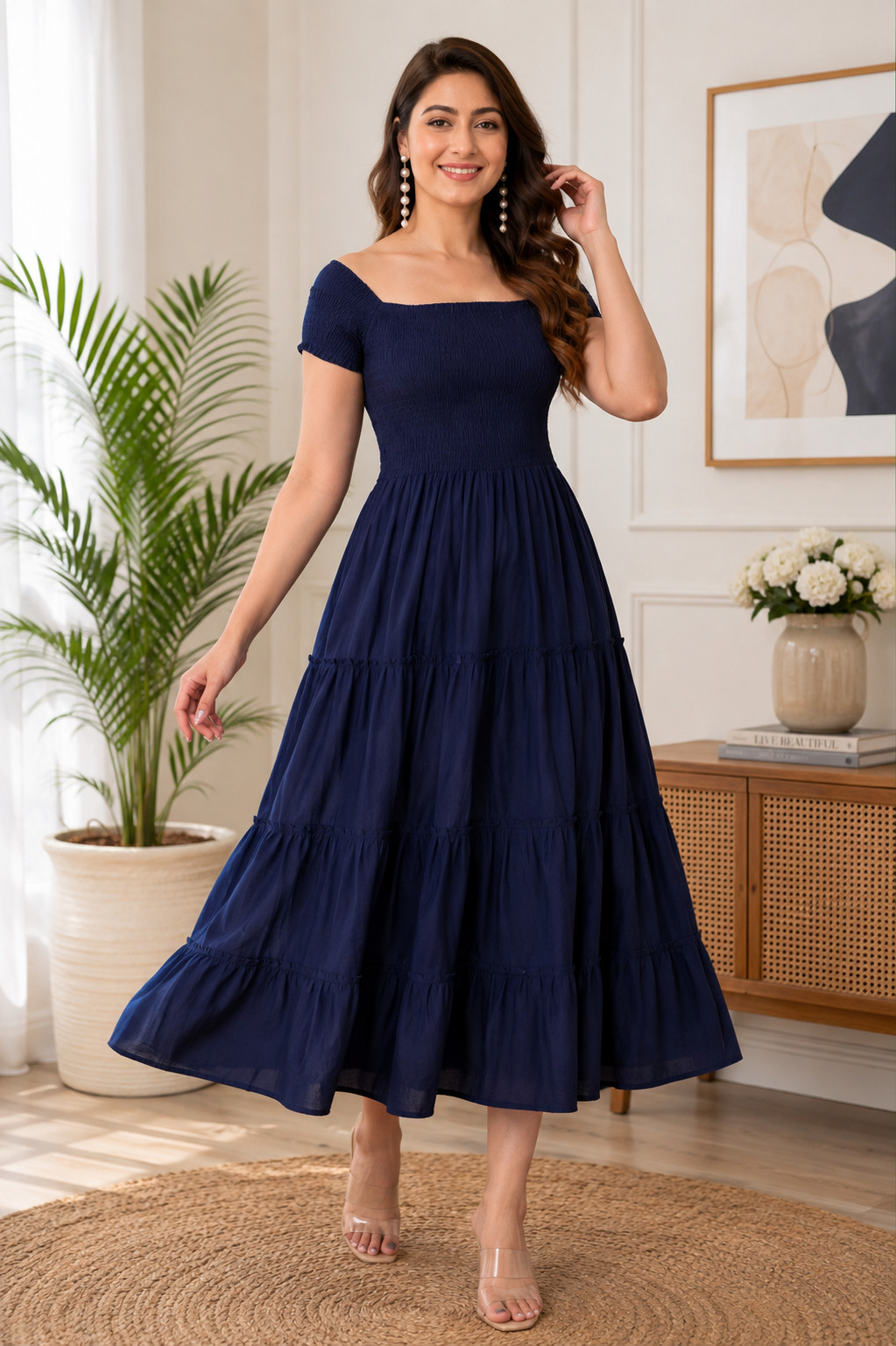 Navy Blue Boho Tiered Maxi Dress Womens Off Shoulder Smocked Bodice Flowy Swing Navy Blue Boho Tiered Maxi Dress Womens Off Shoulder Smocked Bodice Flowy Swing