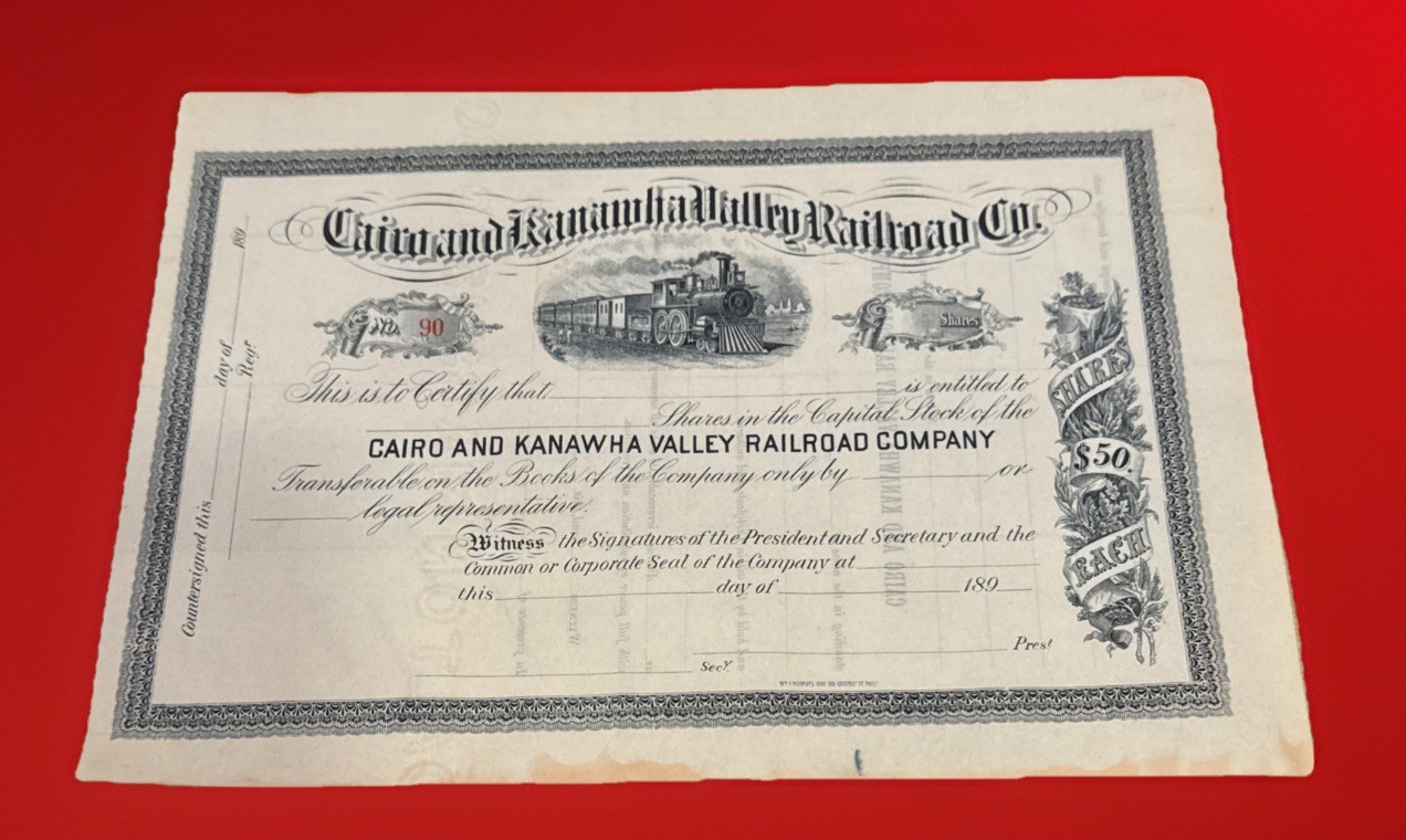 1890’s Cairo & Kanawha Valley RR Stock #90 Unissued WV Guilded Age Antique Cert