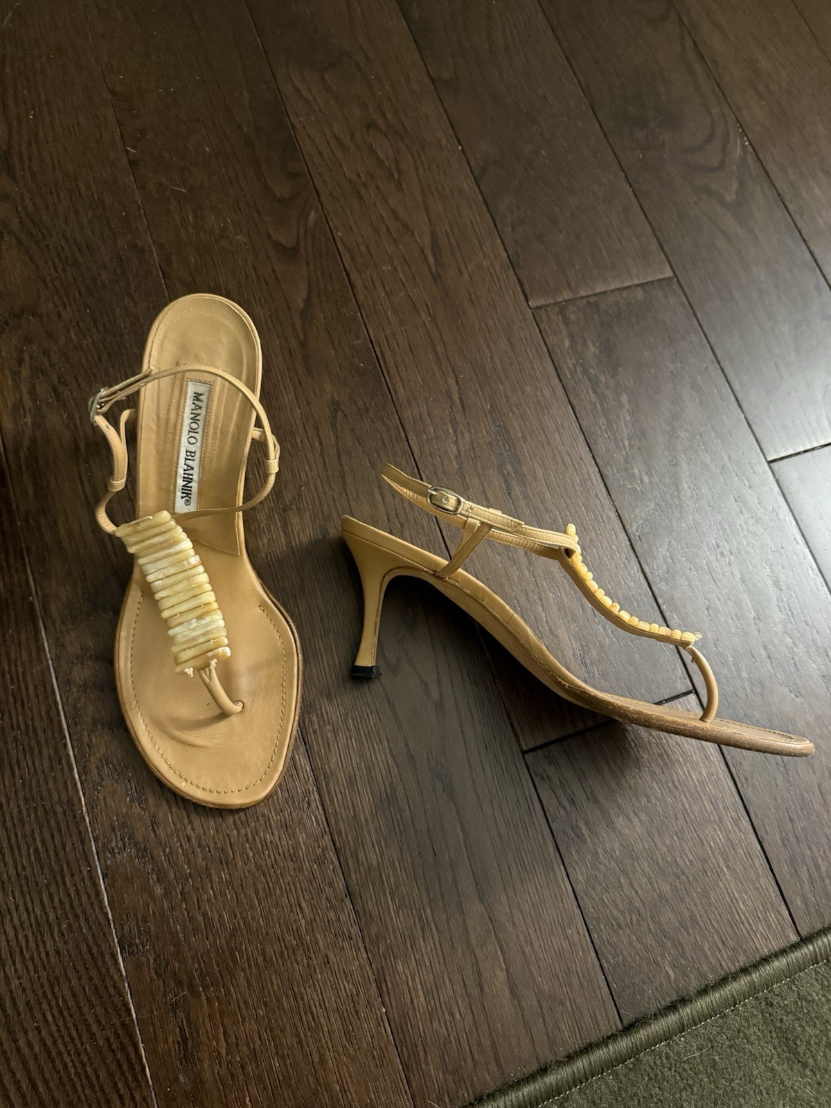 Vintage Manolo Blahnik Heel Sandal Tan with Stones 37 1/2