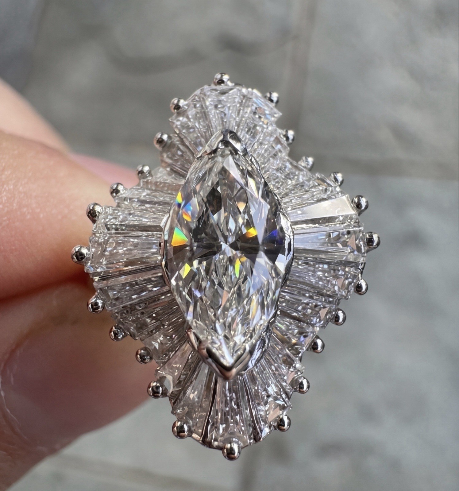 Amazing Ballerina Diamond & Platinum Ring Marquise Center Stone 2.25 Apprx CTW Amazing Ballerina Diamond & Platinum Ring Marquise Center Stone 2.25 Apprx CTW