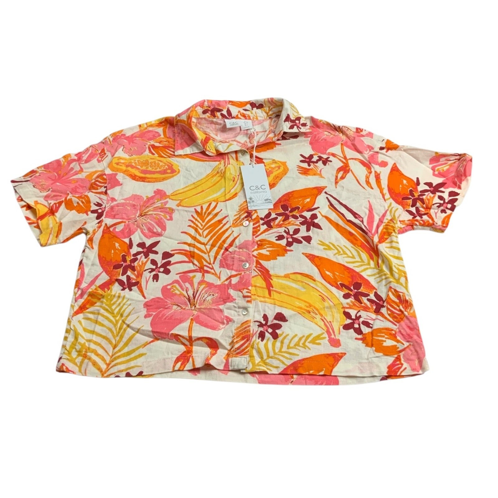 C&C California Linen Blend Tropical Floral Button Shirt Womens Large NWT Crop