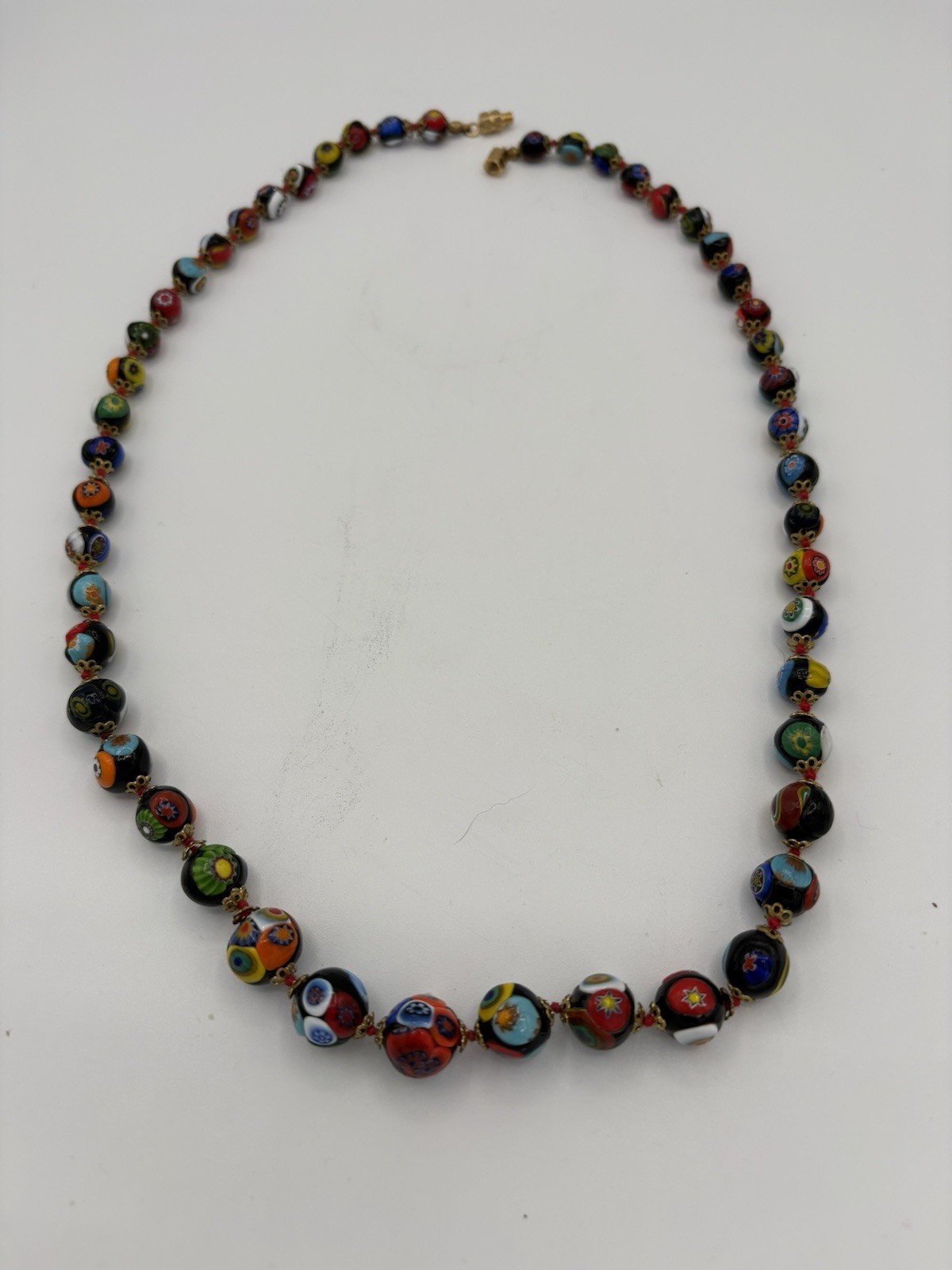Vintage Italian Millefiori Glass Bead Necklace 25” Hand Knotted 57.3g Venetian