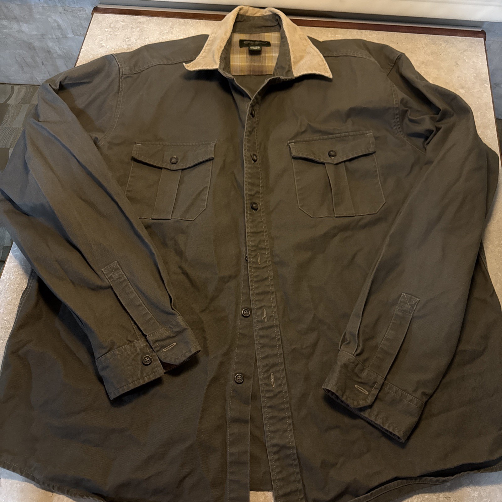 VTG Eddie Bauer Cotton Shirt LT Olive Shacket Corduroy Collar Men 90s Size XL