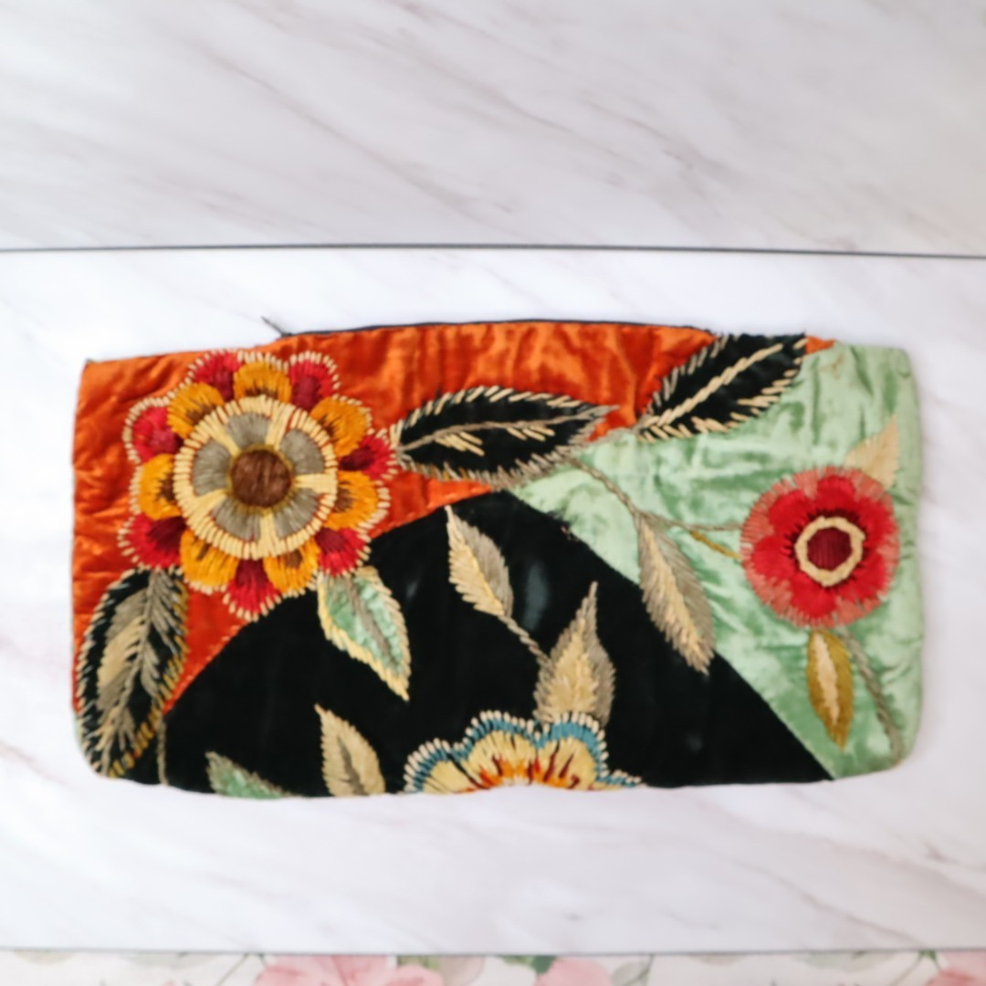 Vintage Velvet Embroidered Purse Hand Embroidery Floral Folk Art