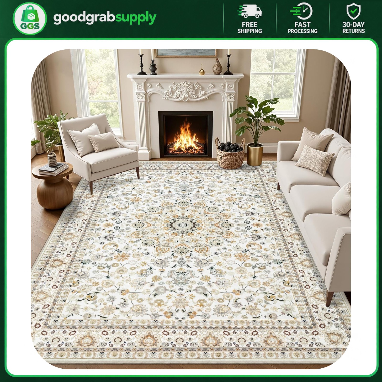 5x7 Area Rug Vintage Pattern Beige Polyester Non-Slip Backing