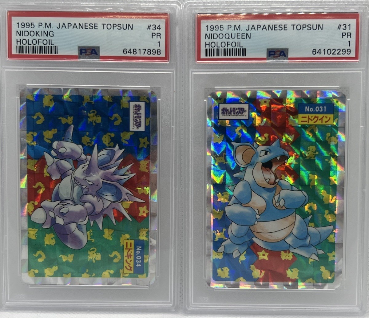 1995 Pocket Monsters Topsun JP NIDOKING/NIDOQUEEN Prism holo #31 & #34 PSA 1’s