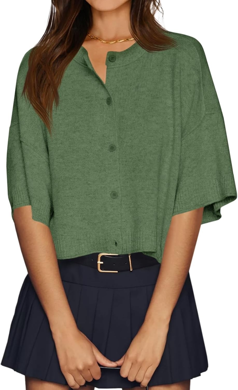 Womens Lightweight Knit Cardigan Oversized Cropped Half Sleeve Button Down Sweat