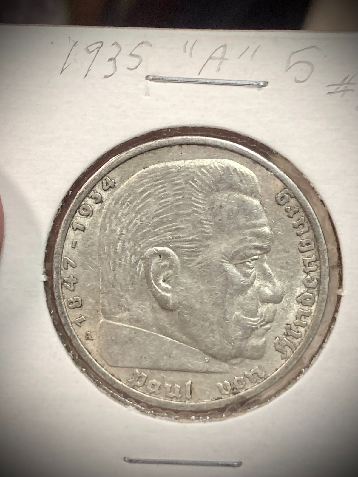 1935-A Germany 5 Reichsmark Silver Coin - Paul von Hindenburg - Berlin Mint