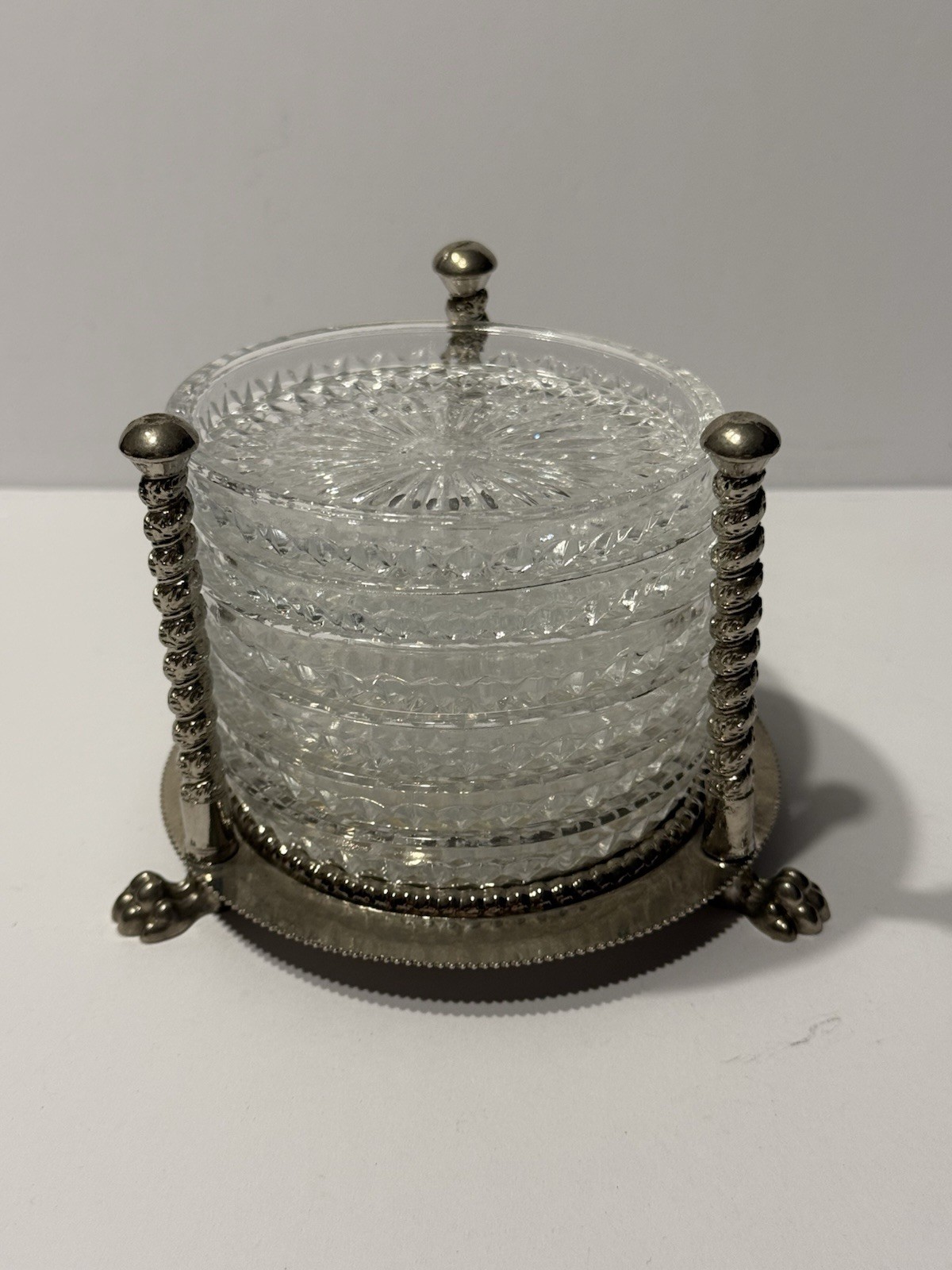 Vintage 1847 Rogers Bros Silverplate Cut Glass Coaster Set of 6 w/ Holder