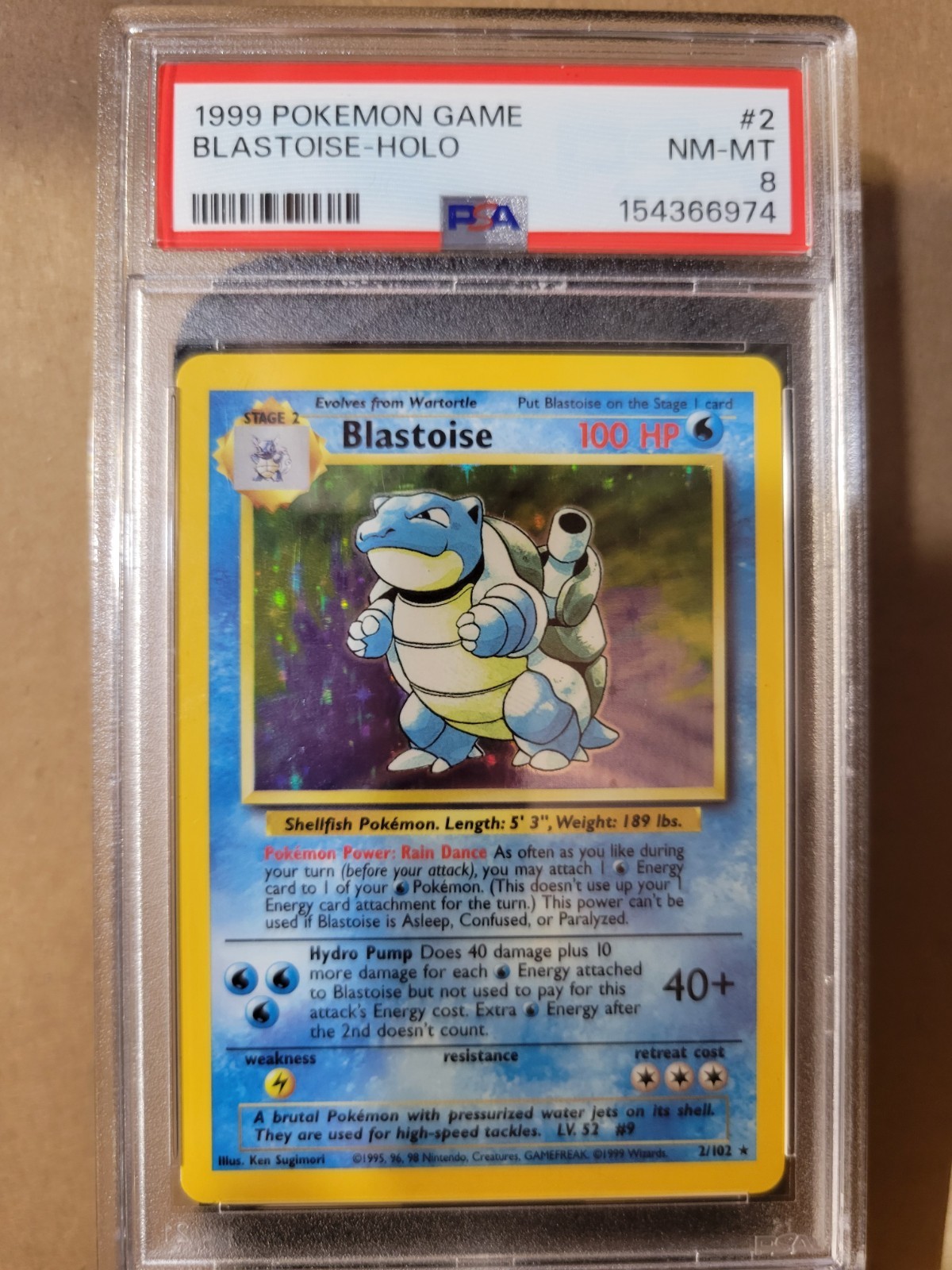 1999 Pokémon Blastoise #2/102 Base Set Holo PSA 8 NM-MT Very Nice card