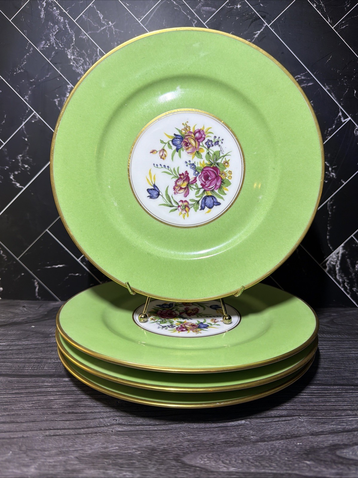 (4) Antique Bernardaud Limoges France Plate Green Border Floral Bouquet 10\