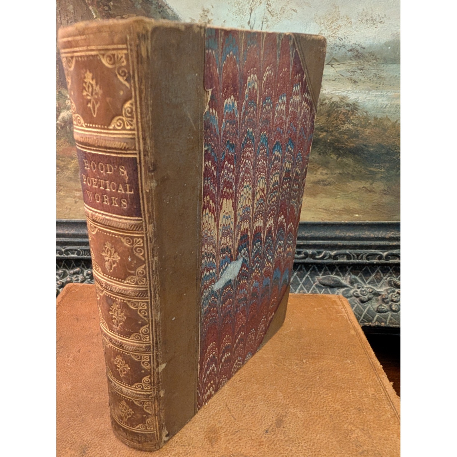 Antique The Poetical Works of Thomas Hood 1886 Leather Marbled Book