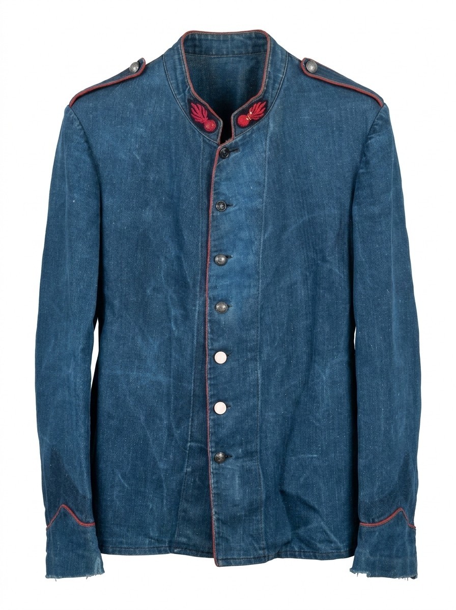 ​Rare 1880s French Fireman Indigo Linen Herringbone Jacket Antique Metis Vtg M