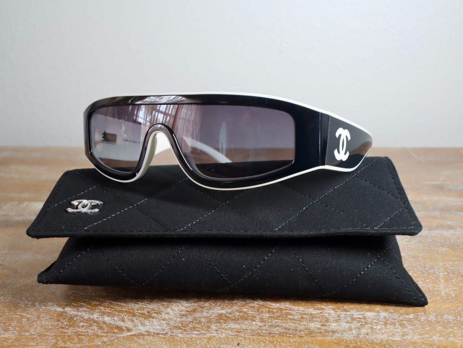 CHANEL 6057 Urban Vintage Shield Sunglasses  Black & White/Gray Lens 100% UV