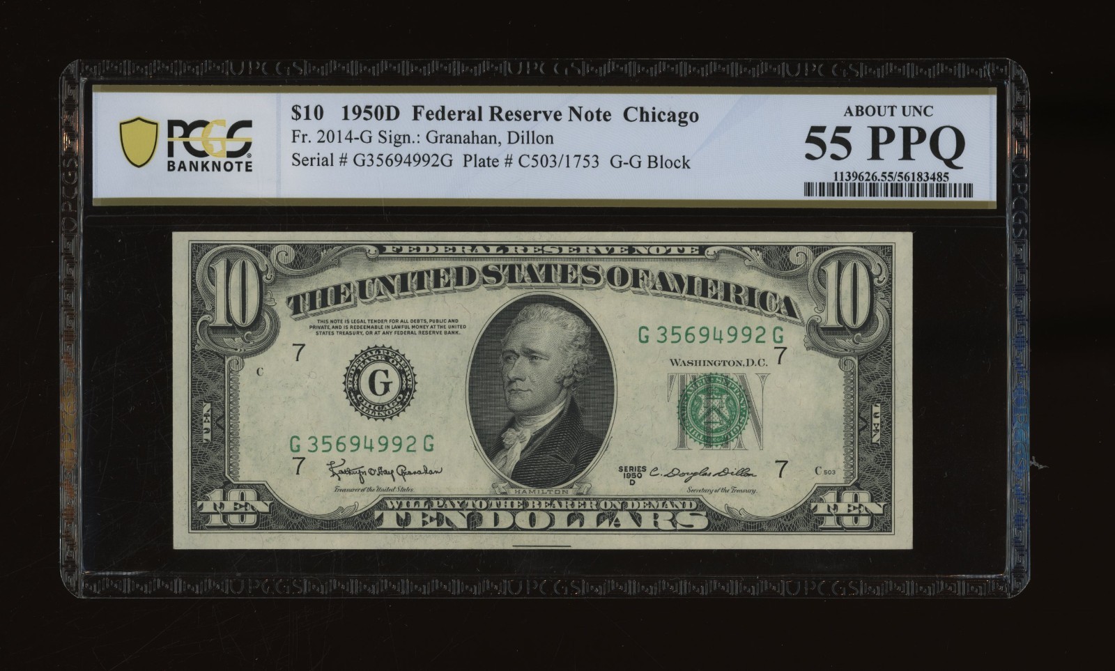 DBR 1950-D $10 FRN Chicago Fr. 2014-G PCGS-B 55 PPQ Serial G35694992G
