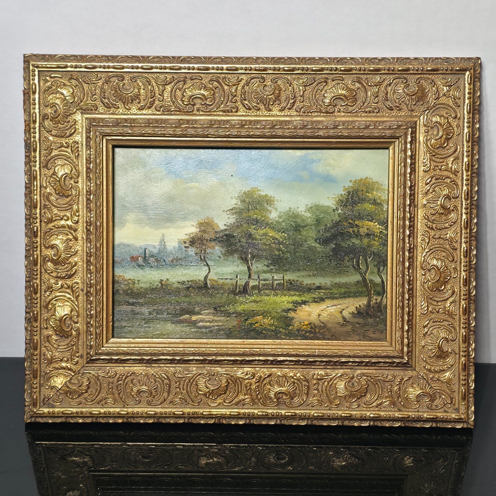 19th Century European Landscape Antique Oil Painting on Board Gilt Frame