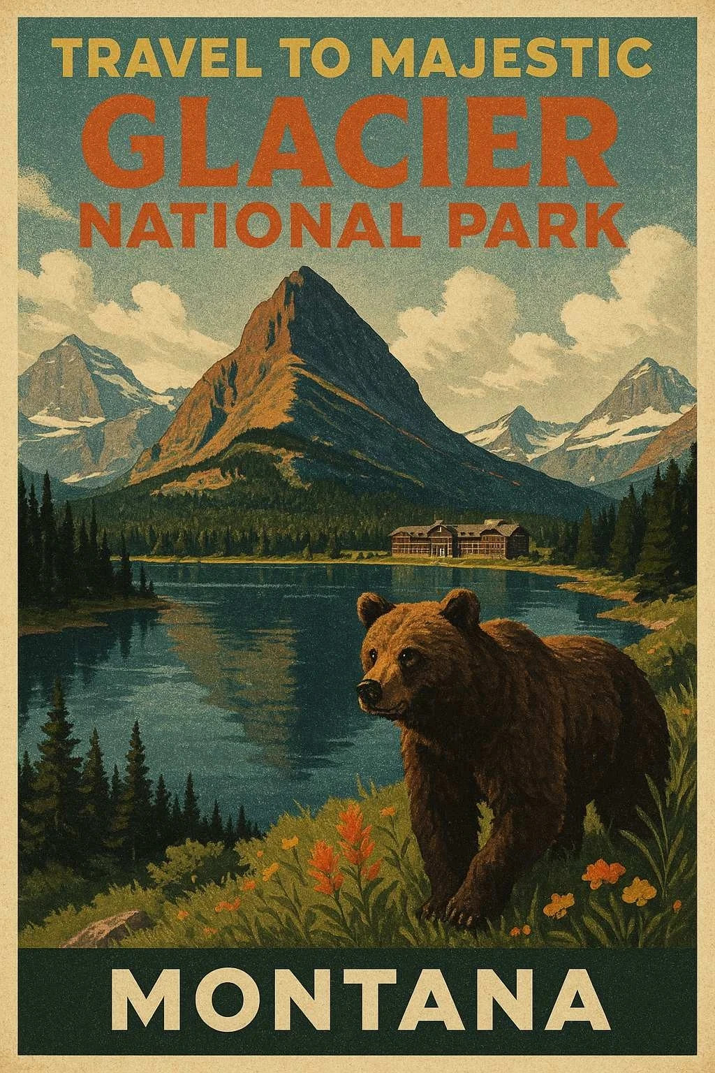 Majestic Glacier Nat. Park (Montana) - Vintage City Travel Poster