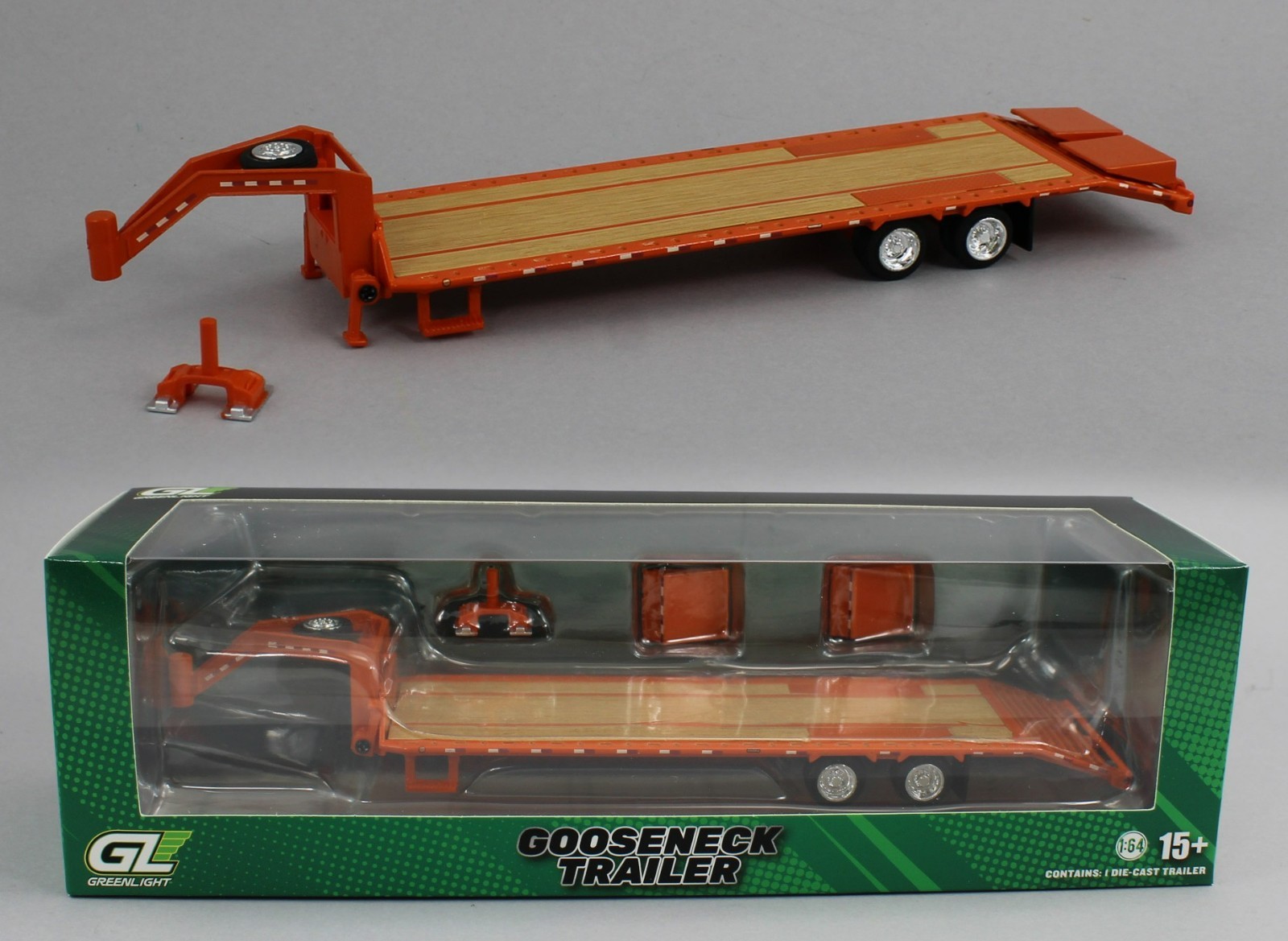 1:64 GreenLight *HITCH & TOW* ORANGE *GOOSENECK* 5th Wheel FLATBED TRAILER *NIP*