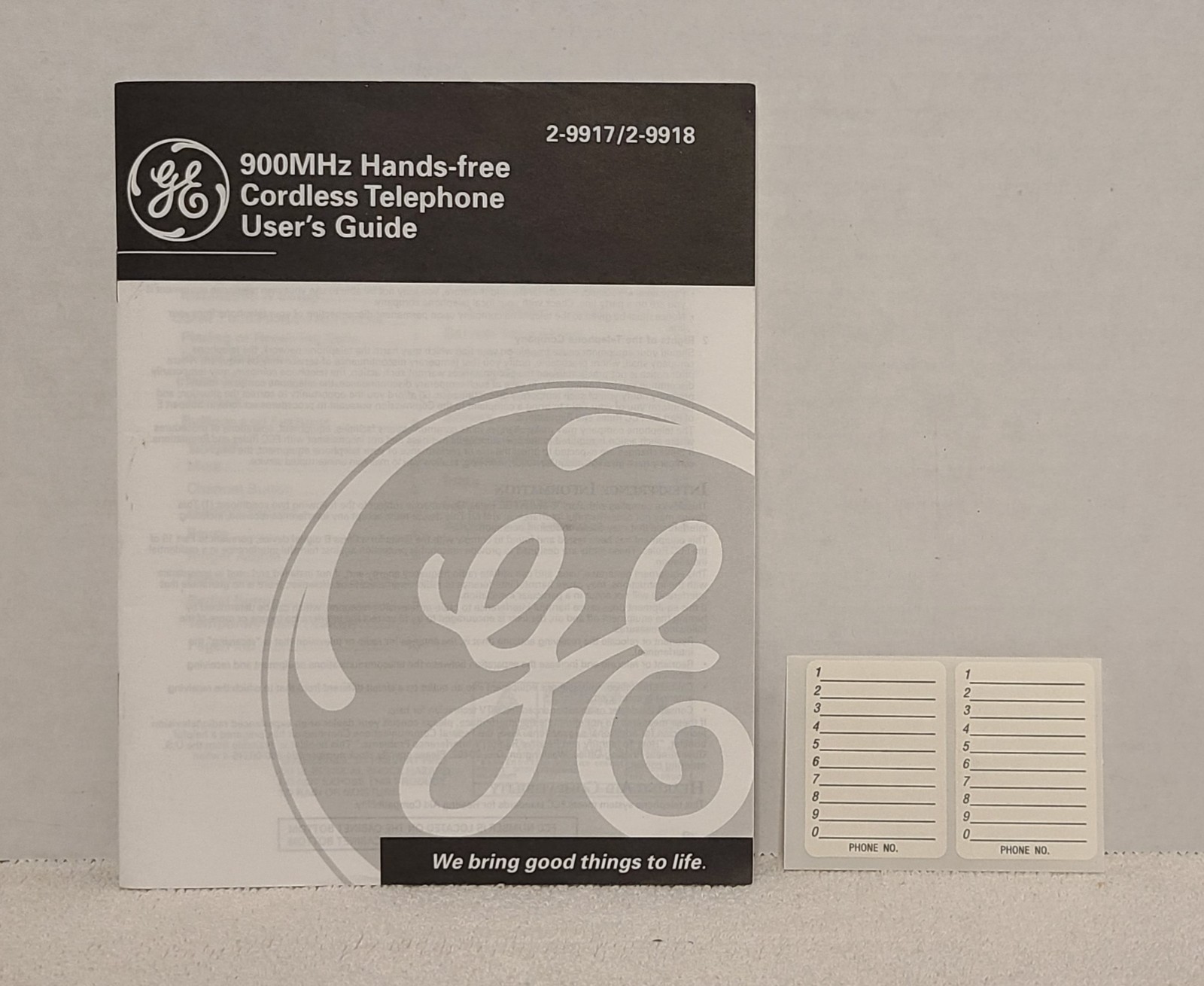 GE 900MHz Hands-free Cordless Phone User\'s Guide Model 2-9917/2-9918 & Stickers GE 900MHz Hands-free Cordless Phone User\'s Guide Model 2-9917/2-9918 & Stickers