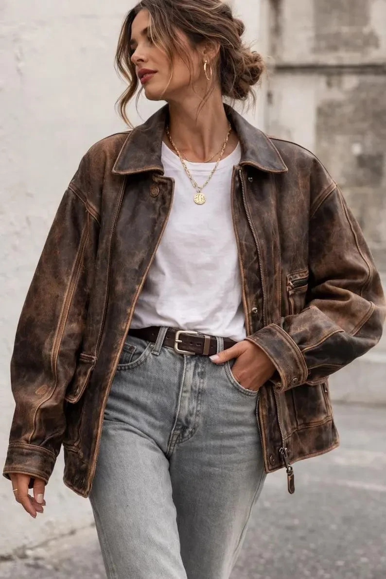 90s Women’s Oversized Distressed Brown Genuine Sheepskin Leather Bomber Jacket