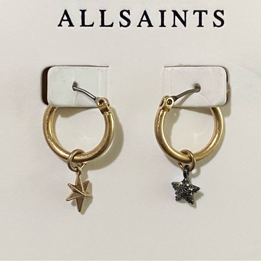 AllSaints New Celestial Star Charm Huggies Earrings in Gold Tone Plated Brass