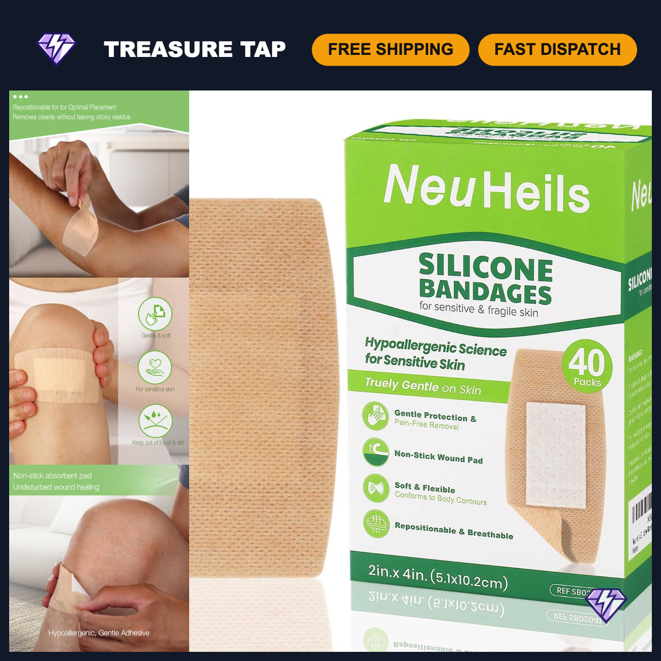Large Silicone Bandages for Sensitive Skin, 2x4 Inch, 40 Pack - Pain Relief & Pr Large Silicone Bandages for Sensitive Skin, 2x4 Inch, 40 Pack - Pain Relief & Pr