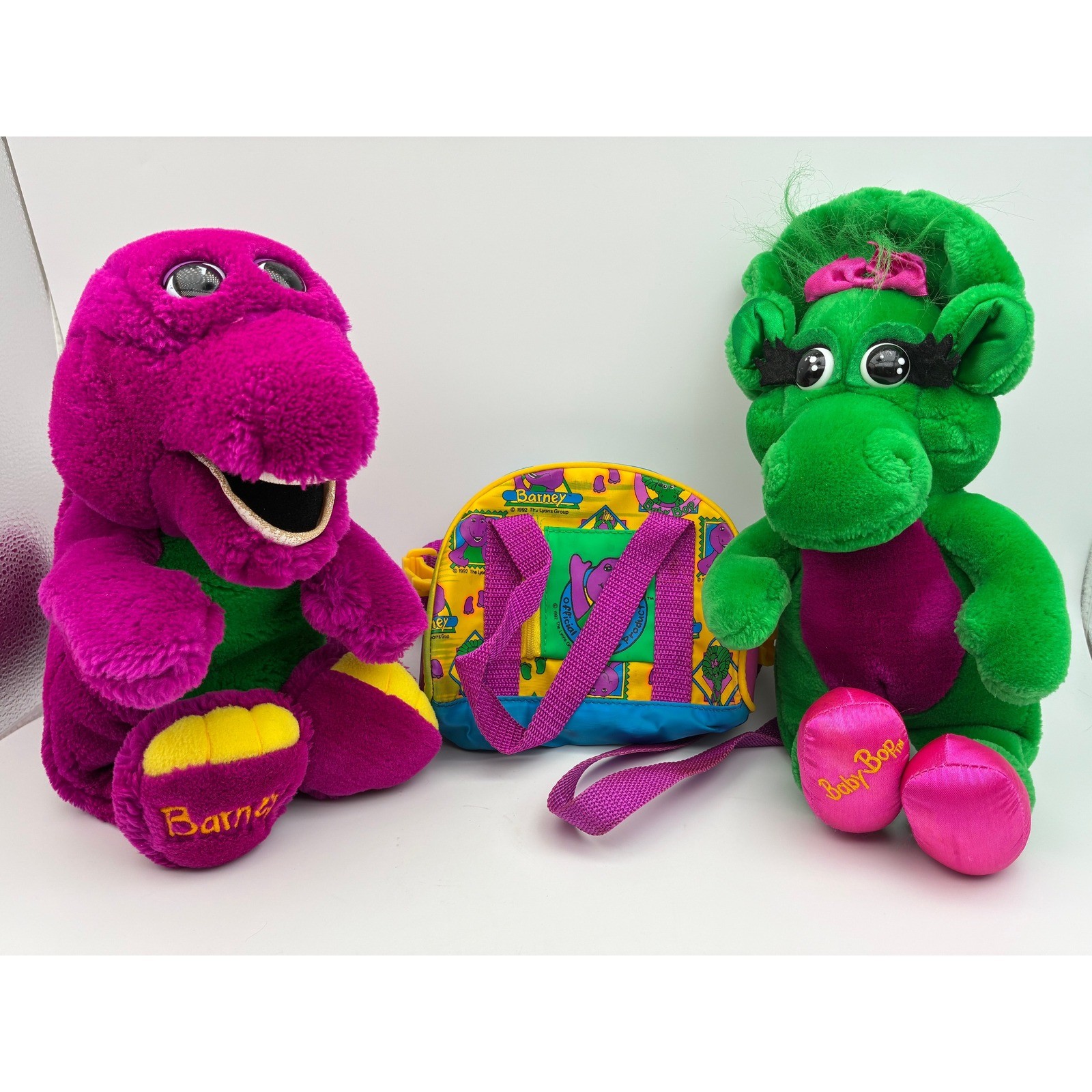 Vintage 1992 Barney and Baby Bop Plush Set with Duffel Bag Dakin 90s Dinosaur Vintage 1992 Barney and Baby Bop Plush Set with Duffel Bag Dakin 90s Dinosaur