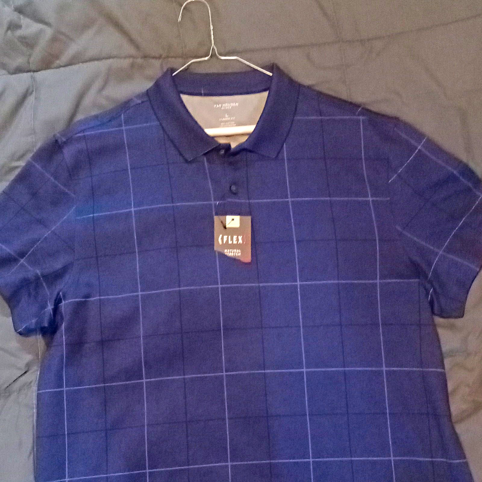 Van Heusen Flex Classic Fit Men\'s L Blue Check Short Sleeve Stretch Polo