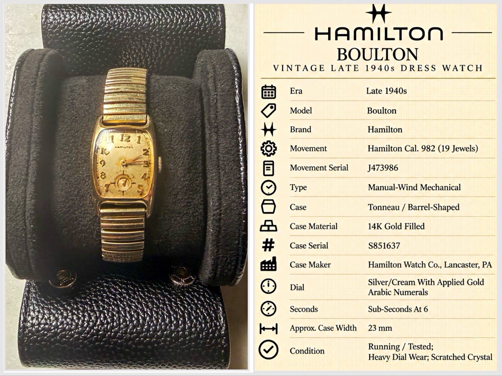 Hamilton Boulton Vintage 1940s 14K Gold Filled Manual Wind 982 Tonneau Case Hamilton Boulton Vintage 1940s 14K Gold Filled Manual Wind 982 Tonneau Case