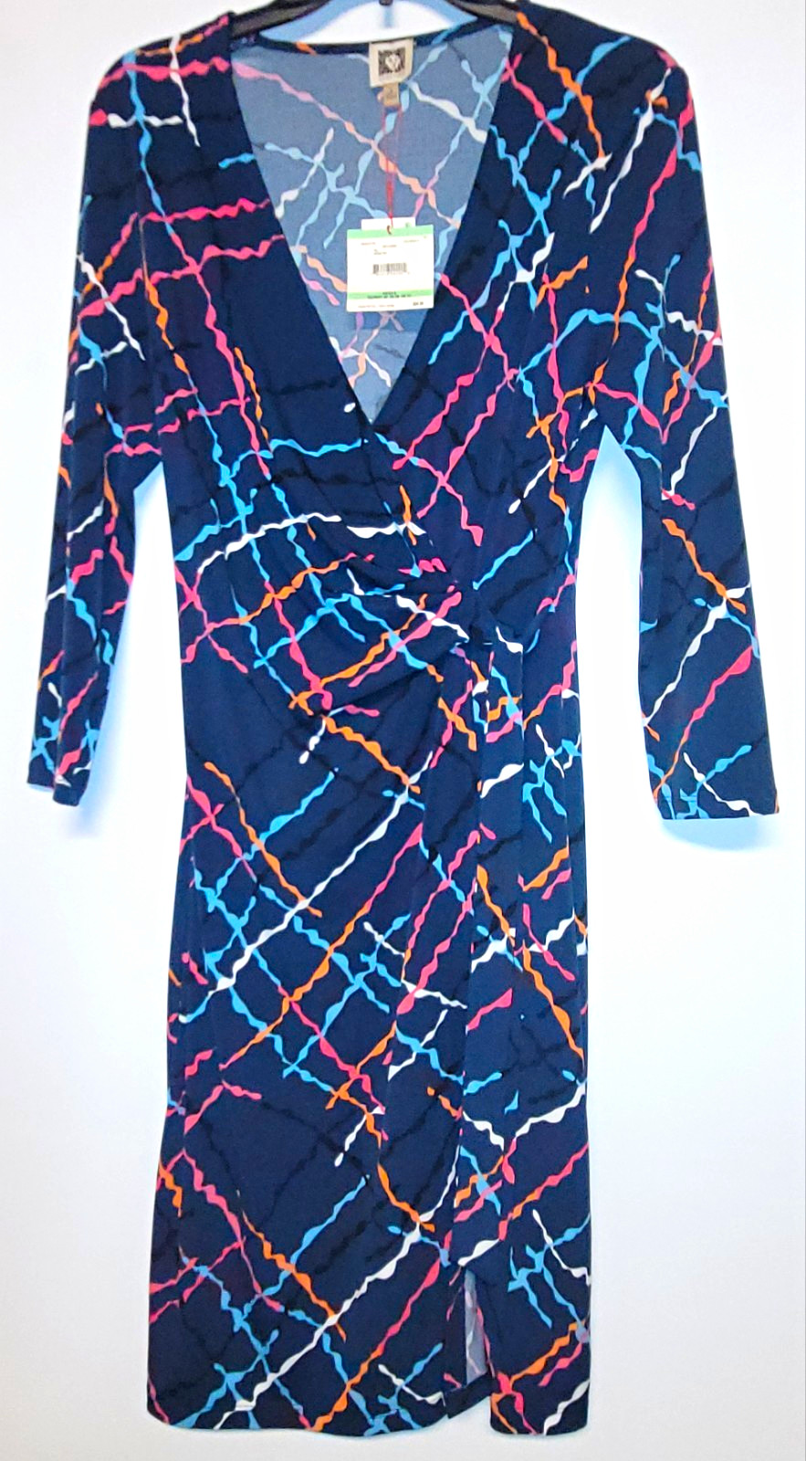 Anne Klein Navy Multicolor Abstract Wrap Dress 8 Knee V-Neck 3/4 Knit Stretch