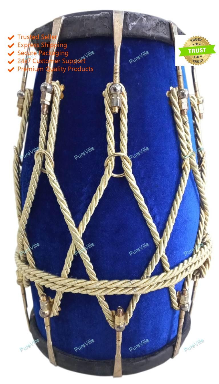 New Professional Blue velvet Dholak With Golden Fitting Instrument With Bag