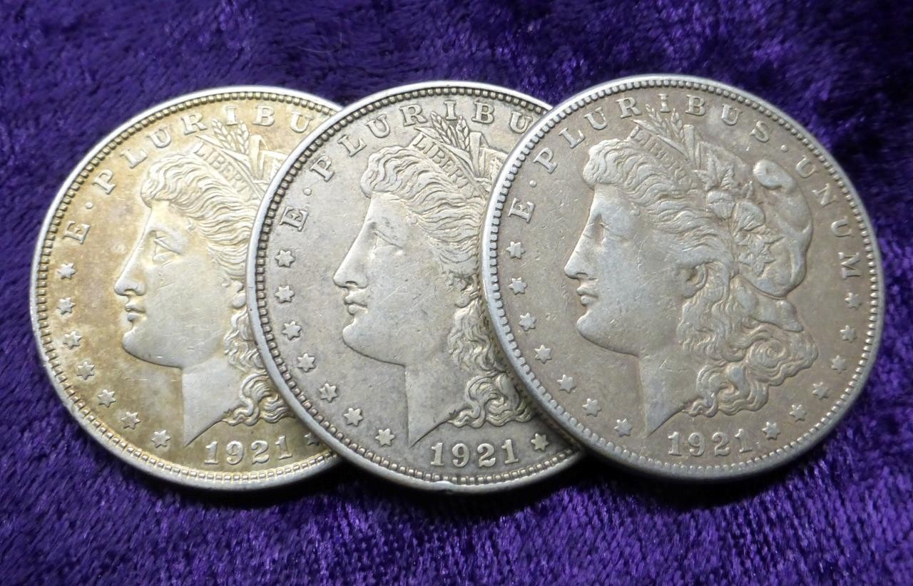 1921 PDS United States of America Morgan Silver Dollar Coins, P D & S Mint