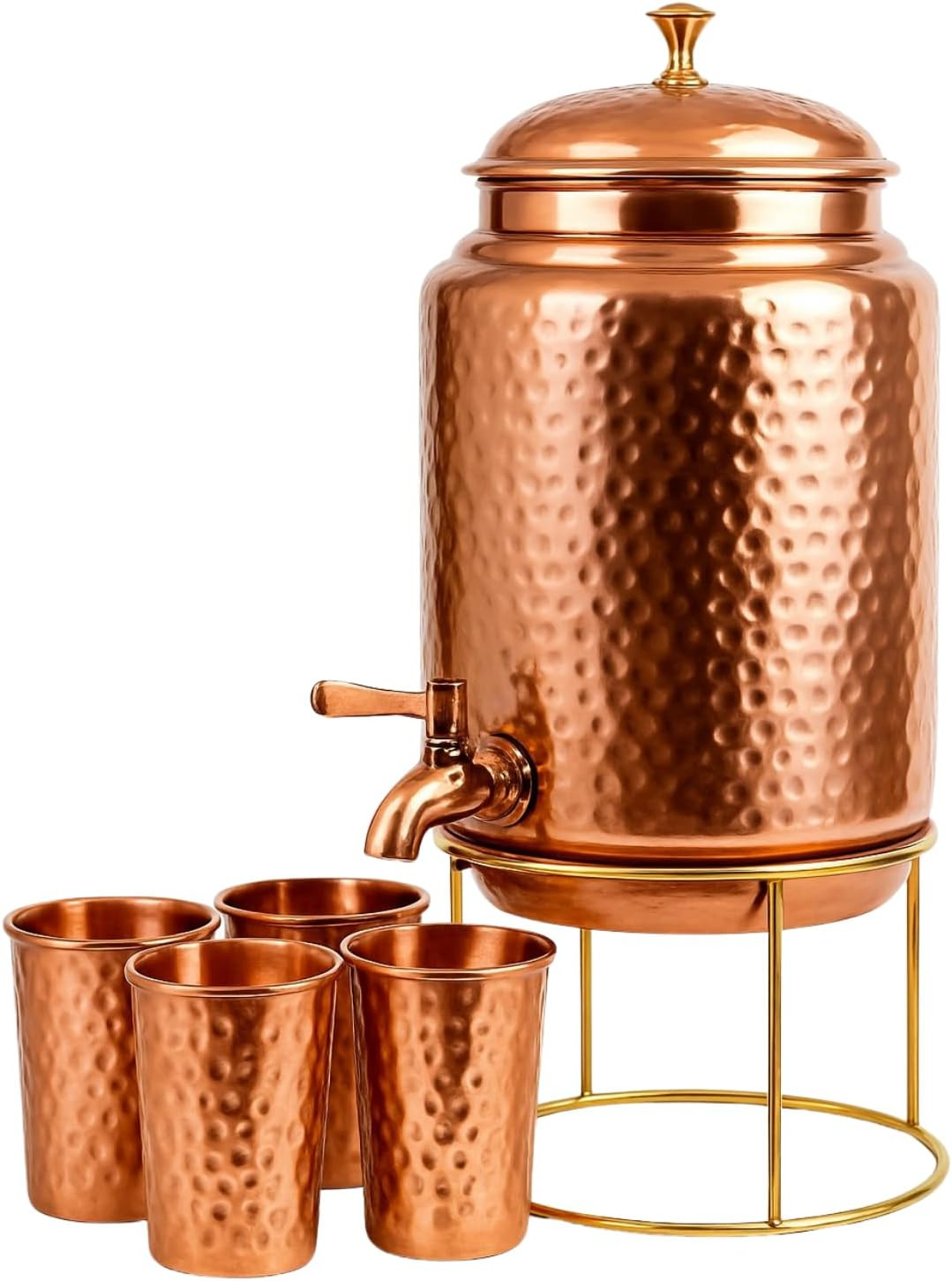 Pure Copper Hammered Water Dispenser Storage Water Tank with Tap and Set of 4 Co