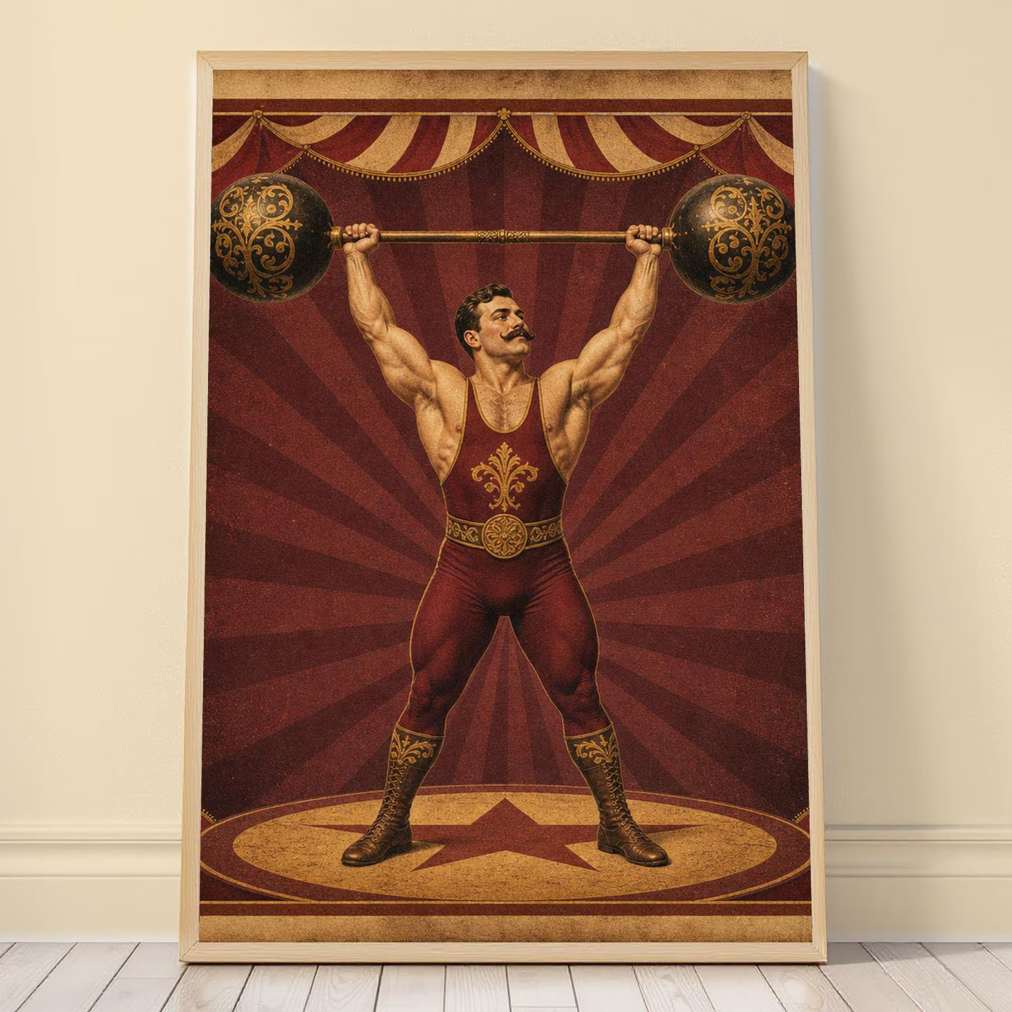 Vintage Circus Strongman Print, Burgundy and Gold Wall Art Poster