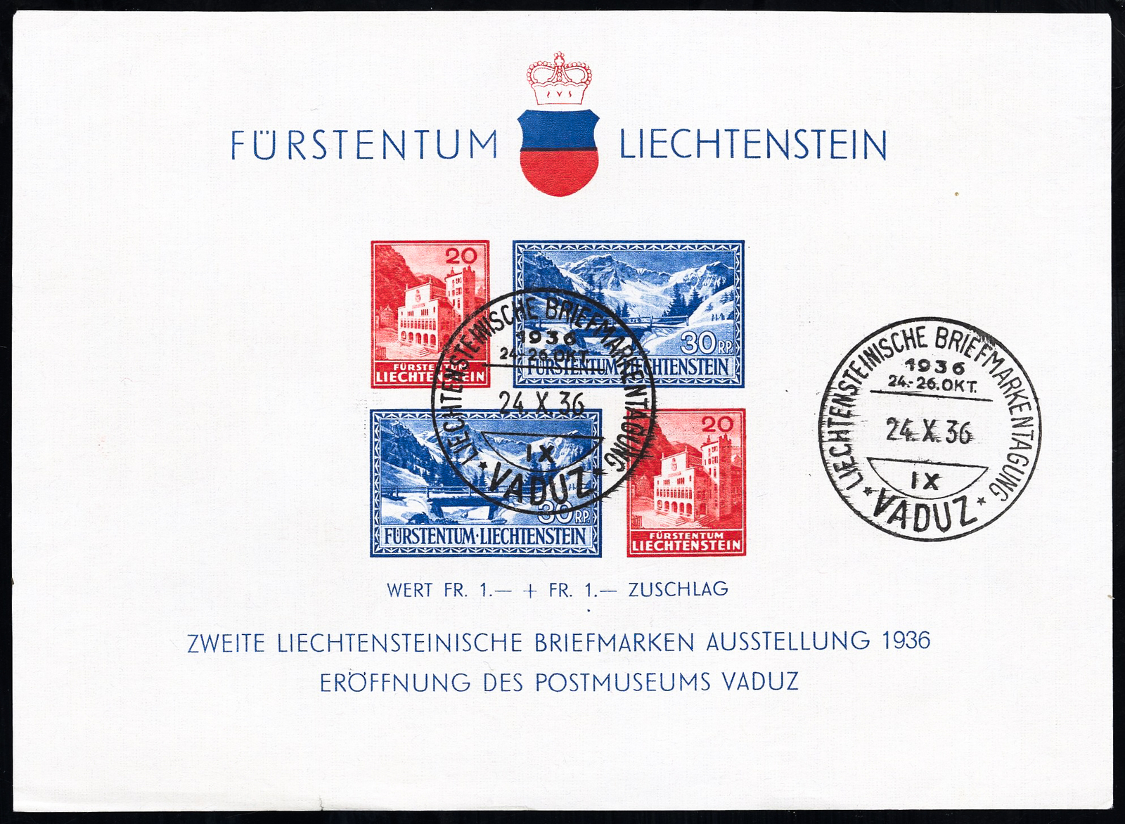 Liechtenstein Stamps # B14 Used XF Rare S/S First Day Cancel Scott Value $500.00