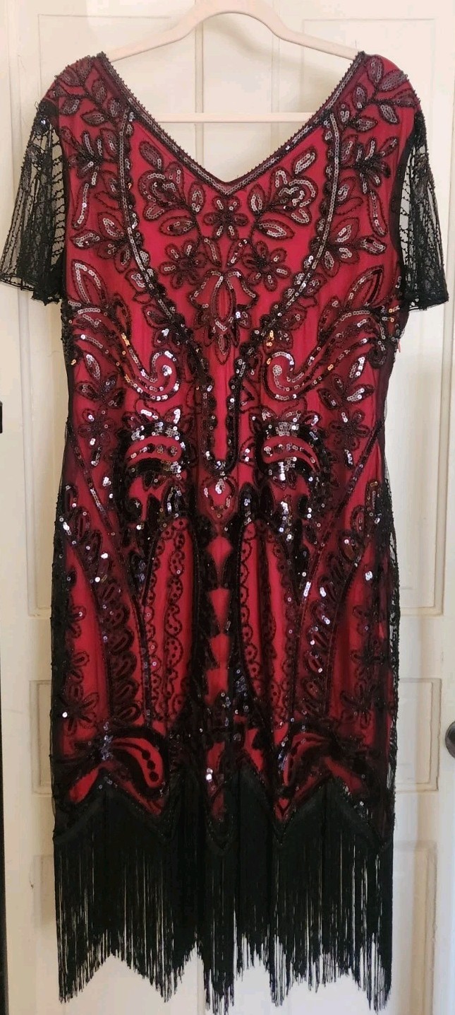 Fundaisy 1920s Vintage Inspired Sequin Fringe Dress Black/red , Size XXL Fundaisy 1920s Vintage Inspired Sequin Fringe Dress Black/red , Size XXL