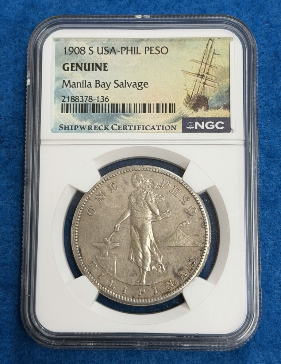 1908-S USA-Philippine Silver Peso NGC Genuine Manila Bay Salvage - WWII