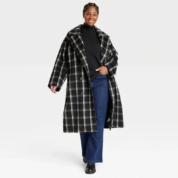 NWT AVA & VIV BLACK PLAID DOUBLE BREASTED OVERCOAT 2X