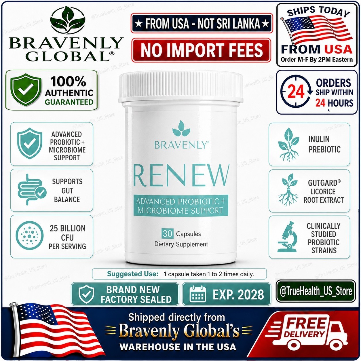 Bravenly Renew 30 Capsules Probiotic Prebiotic Gut Support New/Sealed🚚FromUSA🚚