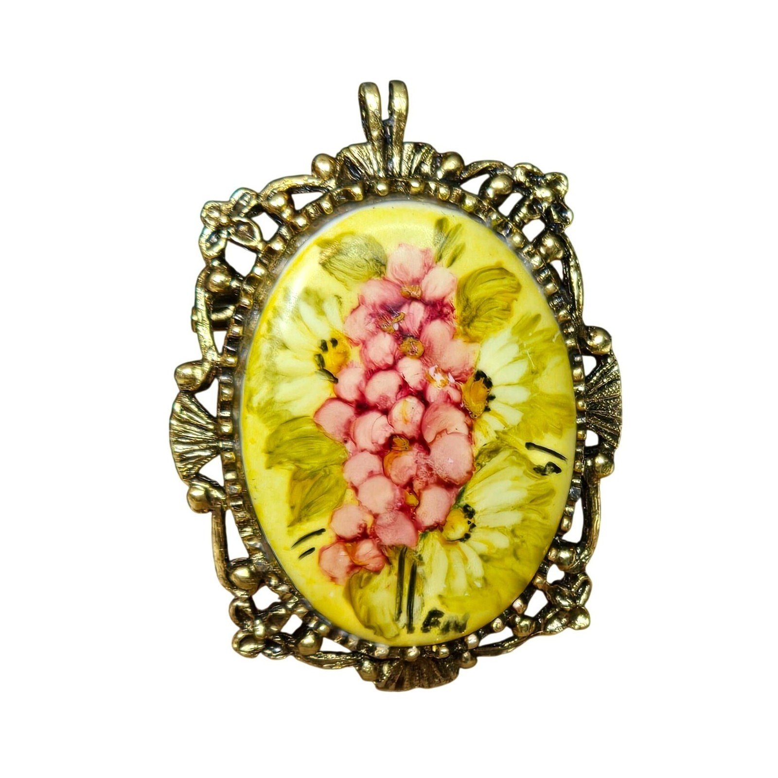 Vintage Hand Painted Porcelain Floral Brooch Pendant Signed Oval Brass Frame Vintage Hand Painted Porcelain Floral Brooch Pendant Signed Oval Brass Frame