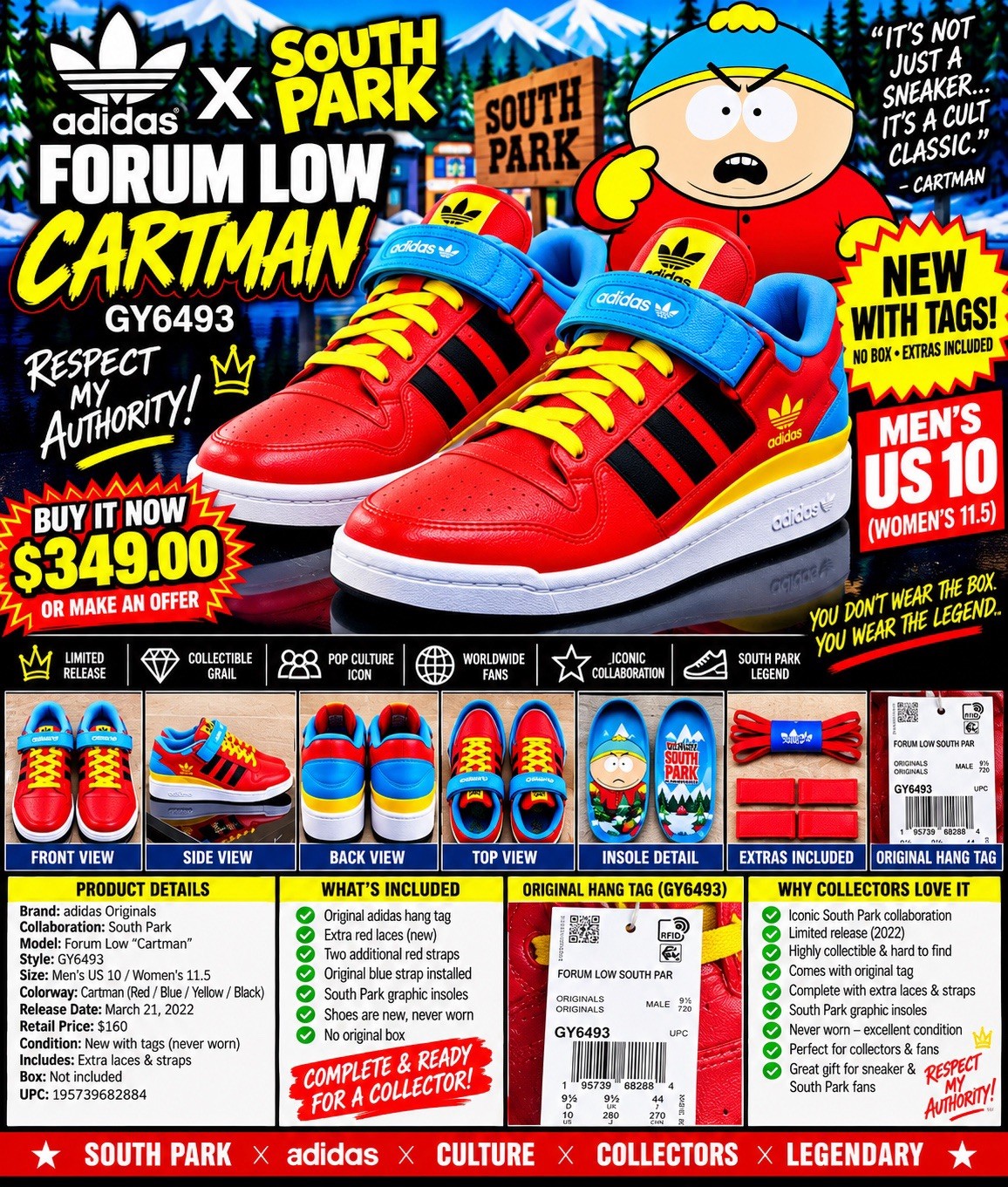 New Adidas Forum Low South Park Cartman GY6493 Men’s Size 10.0 M Shoes W Extras.