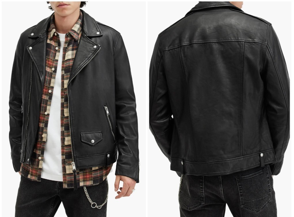AllSaints Men\'s Black Milo Asymmetric Zip Leather Biker Jacket Size Medium