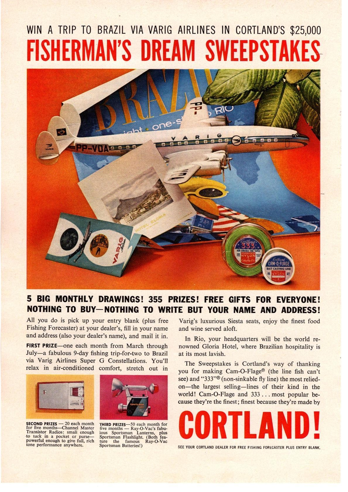 1959 Cortland Fishing Trip Prize Brazil Varig Airlines Super G L-1049G Print Ad