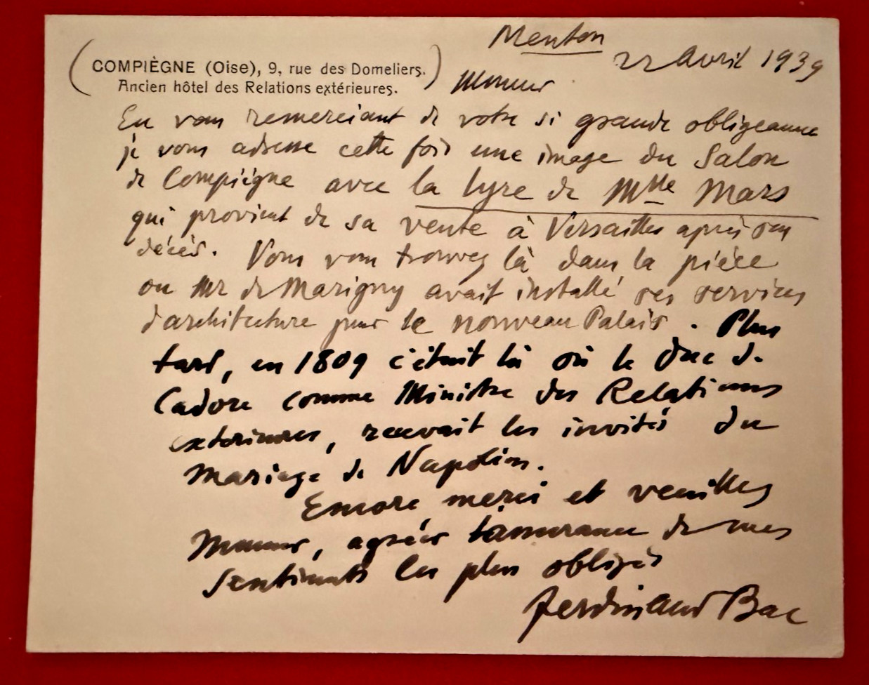 CK26-SIGNED AUTOGRAPH CARD-FERDINAND BAC-WRITER-DRAFTSMAN-1939
