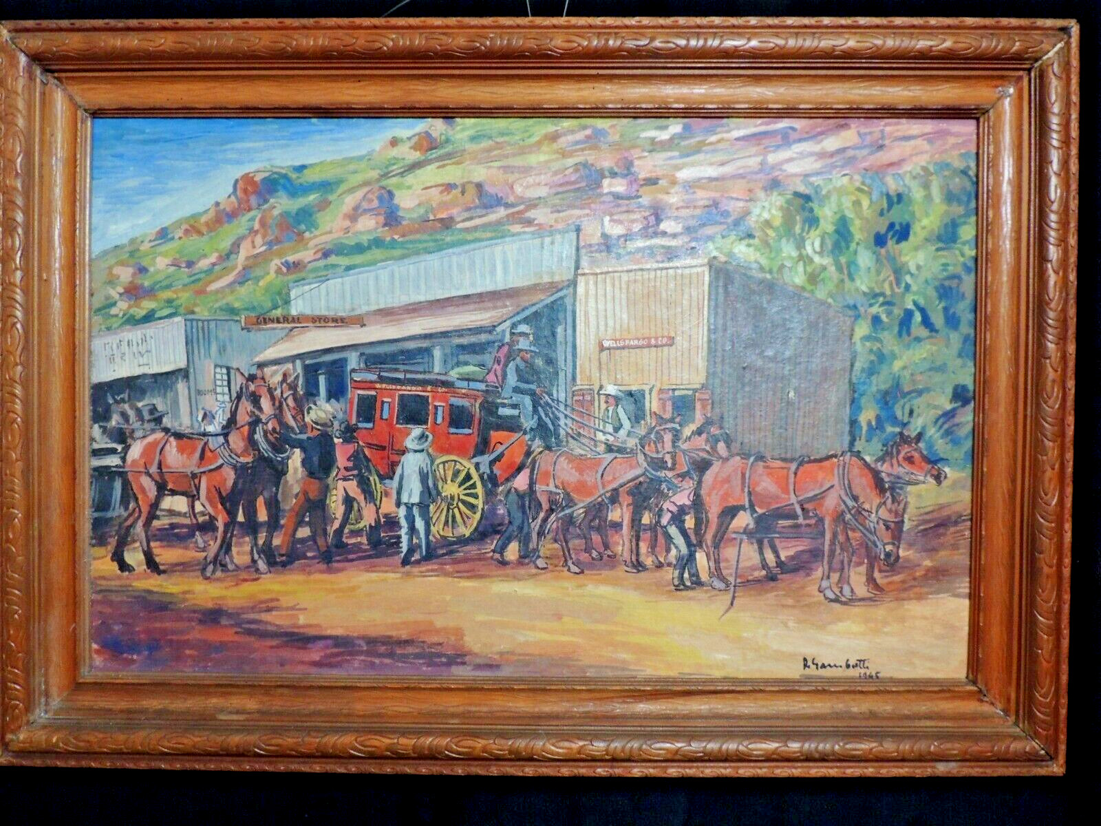 Vtg Rare Wells Fargo Coach Western Scene Oil Painting Framed Signed Dated Estate Vtg Rare Wells Fargo Coach Western Scene Oil Painting Framed Signed Dated Estate