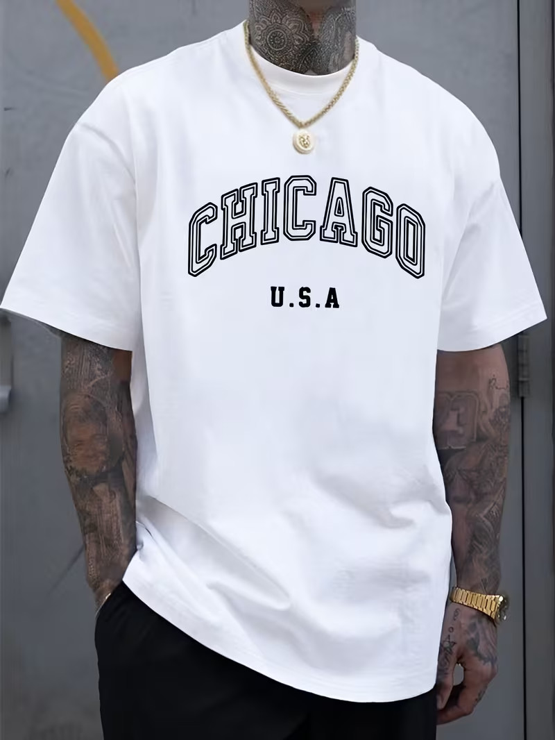 Men\'s Chicago U.S.A. Letter Print Casual T-Shirt - Lightweight, Breathable Polye