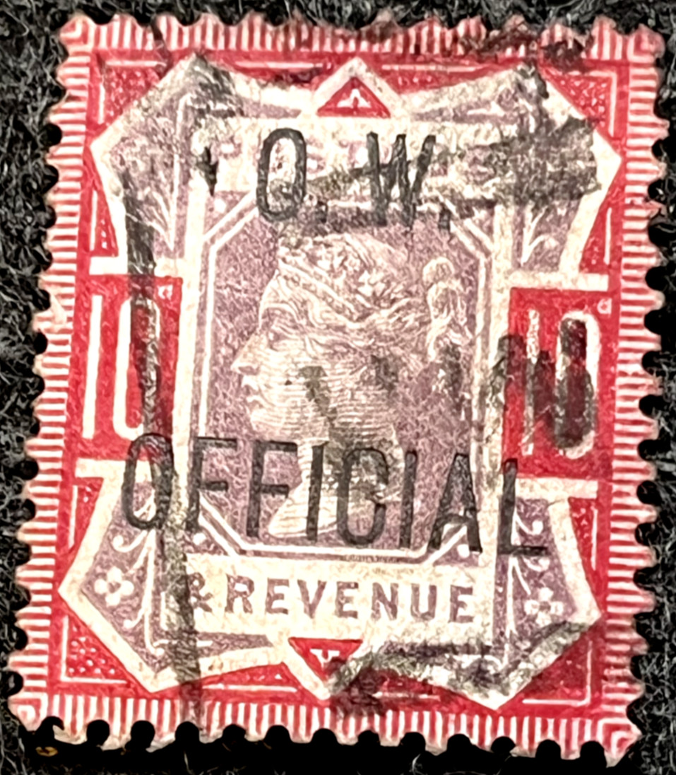 GB QV SG035 OW OFFICIAL 10D DULL PURPLE/CARMINE FINE USED 1 PULLED PERF CAT£2250 GB QV SG035 OW OFFICIAL 10D DULL PURPLE/CARMINE FINE USED 1 PULLED PERF CAT£2250