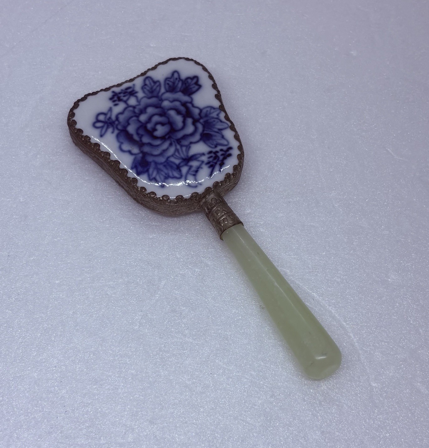 Antique 1950s Silverplated Blue White Porcelain Hand Mirror Jade Handle Decor 20 Antique 1950s Silverplated Blue White Porcelain Hand Mirror Jade Handle Decor 20