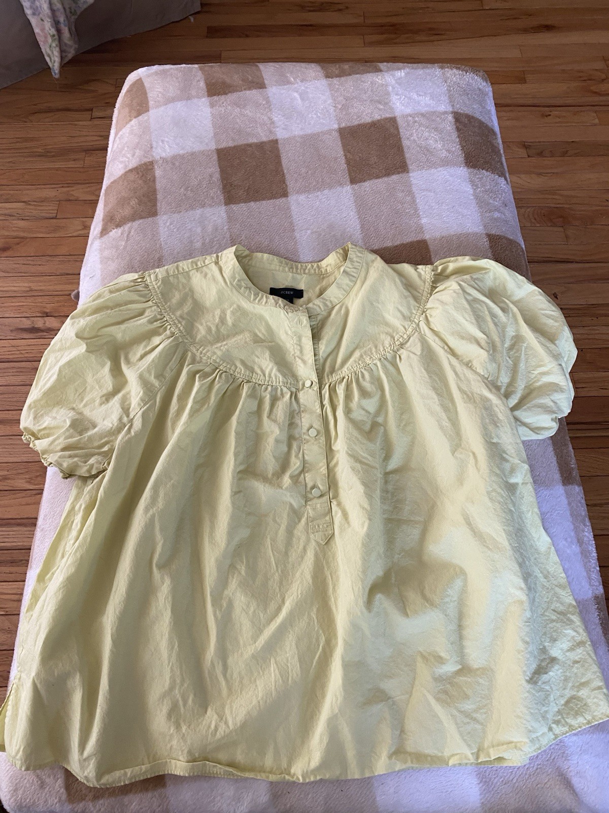 J. Crew Puff-Sleeve Green Yellow Short Sleeve Cotton Poplin Popover Top 2XL