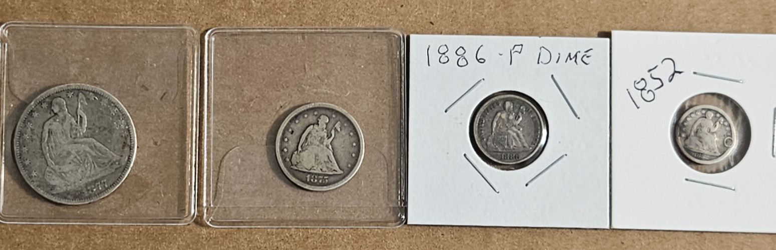 SEATED LIBERTY LOT 1877 HALF DOLLAR 1875-S TWENTY CENT PIECE 1886 DIME 1852 .5c